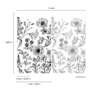 Grandeco Flower Silhouette 3 panel repeatable Textured Mural, 2.8 x 1.59m, White