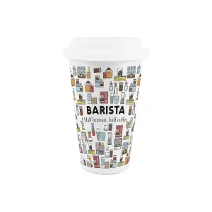 Barista Ceramic Travel Mug - Novelty Coffee Mug Gifts- Double-Walled Insulated Hot/Cold Drinks Cup Present