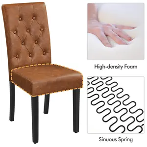 Button Tufted Padded Faux Leather Dining Chair with Solid Wood Legs (Set of 2) Retro Brown