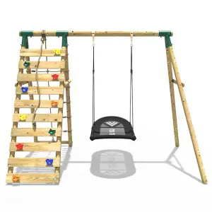 Rebo Wooden Swing Set with Up and Over Climbing Wall - Eden Green