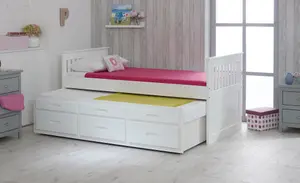 Single Captain Storage Wooden Bed, 3FT, with 3 storage drawers and a Pull Out Under Bed - White