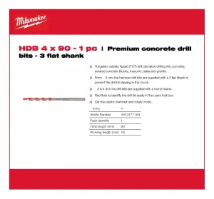 Milwaukee - Premium Concrete Drill Bit - 3 Flat Shank 4mm x 90mm - 1 Piece