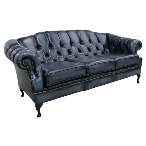 Chesterfield 3 Seater Antique Blue Leather Sofa Settee Custom Made In Victoria Style