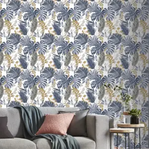 GoodHome Ferula Blue Tropical leaves Textured Wallpaper Sample