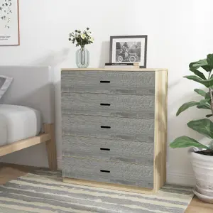 URBNLIVING Height 90.5cm 5 Drawer Wooden Bedroom Chest Cabinet Modern Oak Carcass and Ash Grey Drawers Wide Storage Cupboard