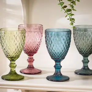 Set of 4 Vintage Luxury Assorted Diamond Embossed Wine Glass Wine Goblets 340ml