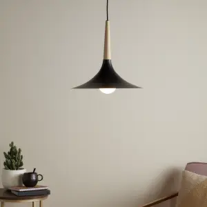 GoodHome Arraqis Matt Black Wood effect Pendant ceiling light, (Dia)380mm