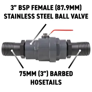 3" Full flow lever valve with 3" barb hosetails for use in ponds /layflat hose