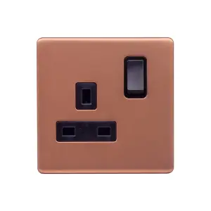 Brushed Copper Screwless Plate 13A 1 Gang Switched Plug Socket, Double Pole - Black Trim - SE Home