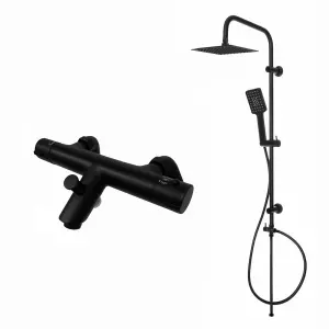 ENKI Dune Black Dual Rigid Riser Brass Thermostatic Overhead Shower & Handheld Kit 400mm