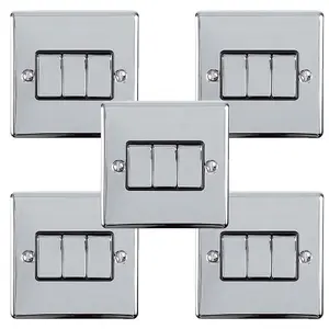 5 PACK 3 Gang Triple Metal Light Switch POLISHED CHROME 2 Way 10A Black Trim