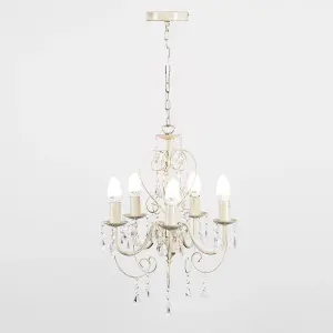 ValueLights Lille Cream Ornate 5 Way Ceiling Light Chandelier with Acrylic Jewels and 5 LED SES E14 Frosted Glass Candle Bulbs