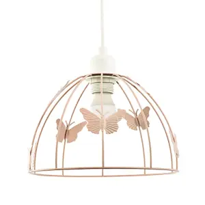 Modern Birdcage Pendant Shade in Blush Pink Metal with Butterflies - Shabby Chic