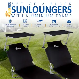 SUNMER Sun Beds Loungers Recliners with Adjustable Canopy - Black - Set of 2