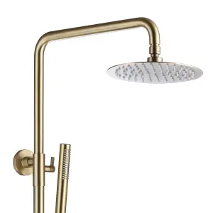 Brushed Brass Overhead Thermostatic Rigid Riser Shower Kit - Twin Head Round