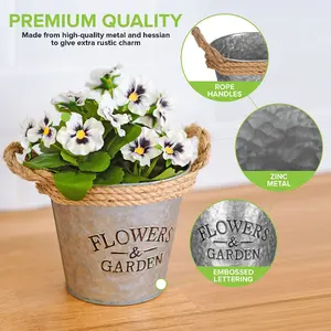 LIVIVO Zinc Plant Pot with Cotton Rope Handles - 'Flowers & Garden' Design for Outdoor or Indoor, Flower Herb & Pot (Set of 3)