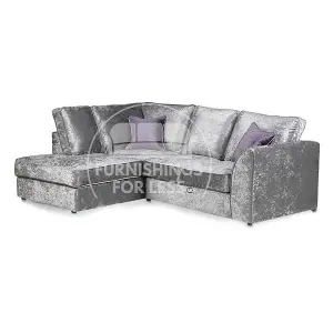 Crystal Crushed Velvet Fabric 3 to 4 Seater L Shaped Corner Sofa Silver Left Hand Facing - Full Back