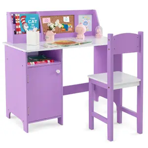 COSTWAY Kids Table and Chair Set Children Study Table with Chair Writing Desk w/ Hutch