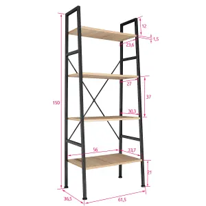 Ladder Shelf Liverpool - industrial style, with 4 shelves, 61.5 x 36.5 x 150 cm - industrial wood light, oak Sonoma