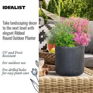 IDEALIST 30cm Round Planter, Ribbed Black Reinforced Stone Cylinder Outdoor Plant Pot D30 H30 cm, 21.6L