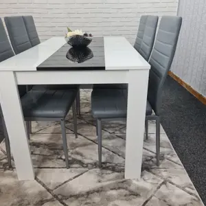 Modern White and Black Wood Dining Table With 6 Grey Faux Leather Metal Chairs