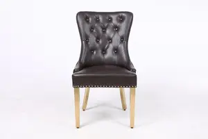 A Pair of Leather Aire Dining Chairs with Golden Legs, Studs & Knocker in Brown