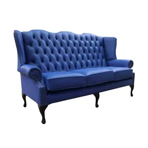 Chesterfield 3 Seater Flat Wing High Back Sofa Ultramarine Blue Leather In Queen Anne Style