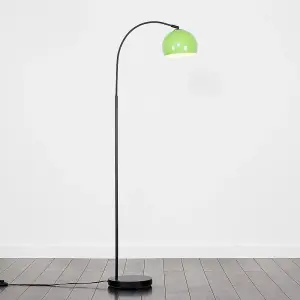 ValueLights Style Black Curved Stem Floor Lamp With Gloss Green Arco Style Metal Dome Light Shade With LED GLS Bulb in Warm White