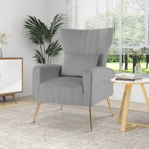 Costway Velvet Upholstered Wingback Chair Modern Single Sofa Chair w/ Lumbar Pillow