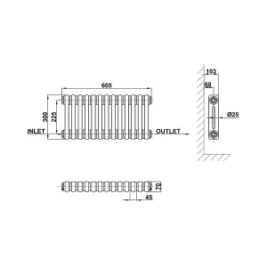 Horizontal White Double Column Radiator (H) 300mm x (W) 605mm, 1369 BTU.