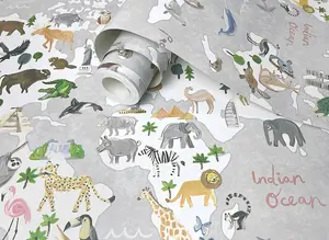 Animal Maps Grey Children's Wallpaper