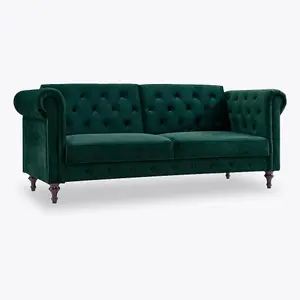 Calgary Velvet Sofa Bed Chesterfield Style 3 Seater Sofa Button Design, Dark Green