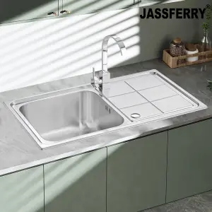 JASSFERRY Brilliant Stainless Steel Kitchen Sink Single Bowl Reversible Rectangle Drainer, 860 x 500 mm