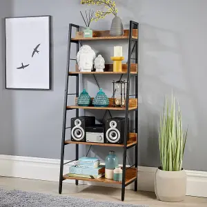 Home Source Urban Narrow 5 Tier Ladder Bookcase Shelving Storage Black and Rustic Wood Effect