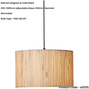 Hanging Ceiling Pendant Light - Natural Seagrass & Matt Black - 10W LED E27