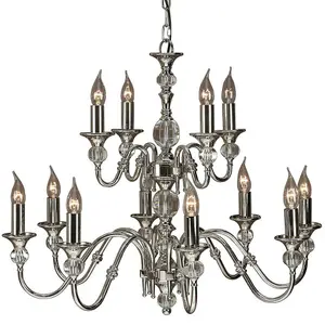 Diana Ceiling Pendant Chandelier Bright Nickel & K9 Crystal Curved 12 Lamp Light