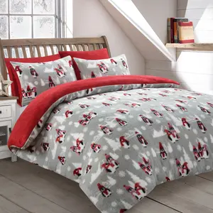 Velosso Penguins Teddy Warm And Cosy Duvet Cover And Pillowcase Set - Red