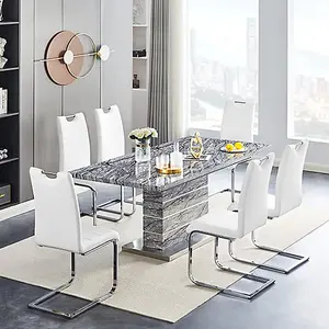 Parini Extendable Dining Table In Melange 6 Petra White Chairs