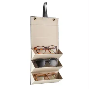 Glasses Organiser Carry Case - Black Faux Leather Foldable Portable Eyeglass or Sunglass Holder with Hanging Loop & Stud Fastening