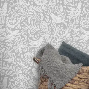 Rasch Grey Birds & leaves Embossed Wallpaper