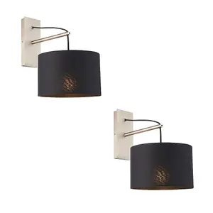 2 PACK Matt Nickel Wall Light & Black Cotton Fabric Shade - Hanging Wall Fitting