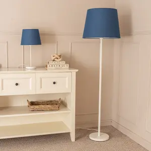 ValueLights Charles White Single Stem Table Lamp with Navy Blue Tapered Lamp Shade and LED Bulb