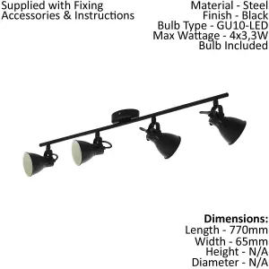 Flush Ceiling Light 4 Spots Colour Black Shade Bulb GU10 4x3.3W Included