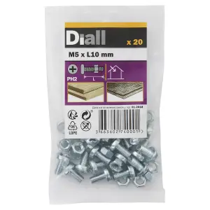 Diall M5 Cruciform Philips Pan head Zinc-plated Carbon steel Machine screw & nut (Dia)5mm (L)10mm, Pack of 20