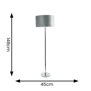 ValueLights Charles Chrome Stem Floor Lamp with Grey Velvet and Chrome Inner Lamp Shade and LED Bulb