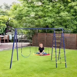 4-in-1 Baby Swing Playset with Metal Frame, Swing Seat Basketball Hoop Climbing Ladder