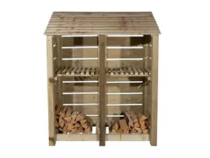 Slatted wooden log store with kindling shelf W-146cm, H-180cm, D-88cm - natural (light green) finish