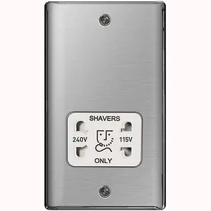 BG NBS20W Metal Brushed Steel 115-230V Dual Voltage Shaver Socket - White Insert