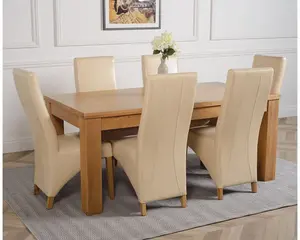 Dakota 182 x 92 cm Chunky Oak Large Dining Table and 6 Chairs Dining Set with Lola Ivory Leather Chairs