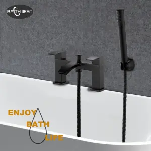 Matte Black Square Waterfall Bathroom Taps, BATHWEST Bathroom Sink Taps with Shower Attachment, Brass Bath Taps with Shower